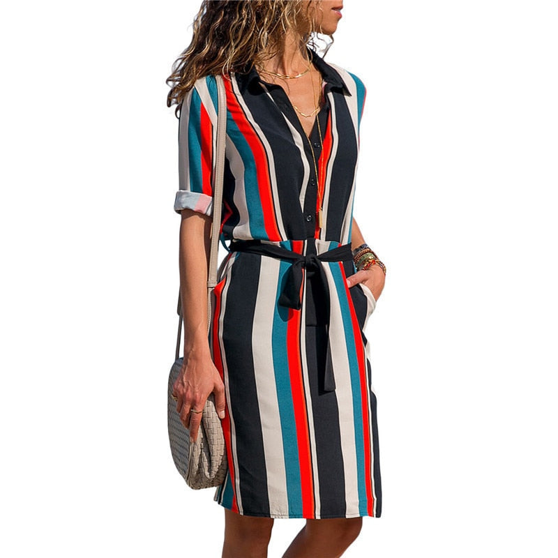 Striped A-line Print Boho Beach Dress