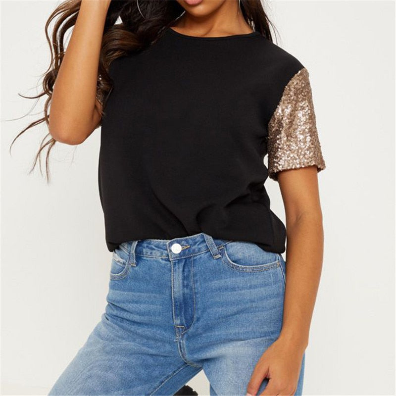 New Fashion Sequin Patchwork T-Shirt