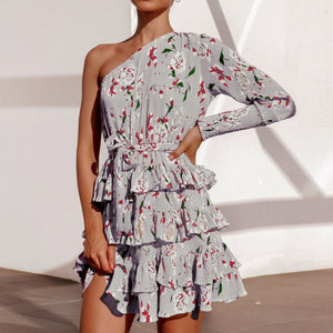 One Shoulder Floral Print Chiffon Dress